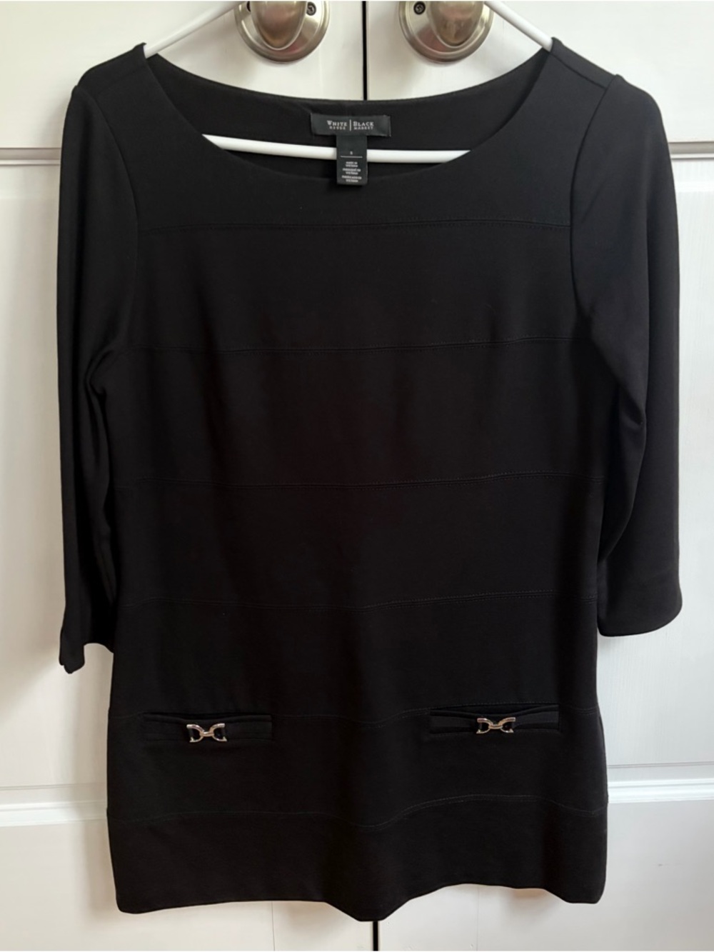 White House Black Market Black Boatneck Tunic with Silver Pocket Accents